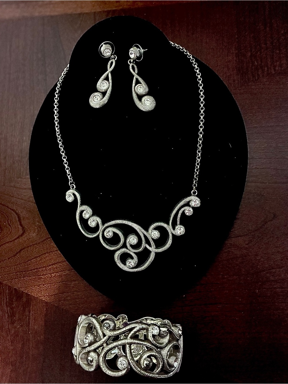 Brighton Silver Swirl Crystal Necklace, Earrings & Cuff Bracelet Set